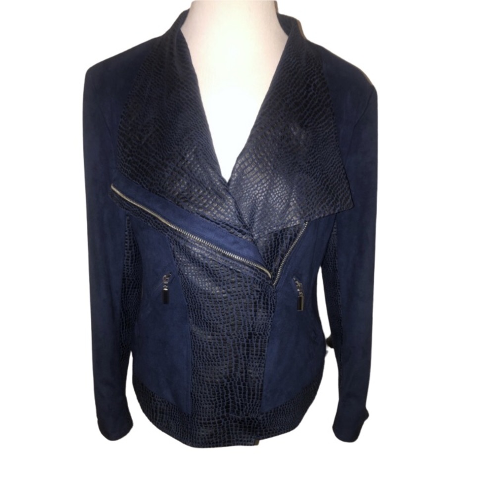 Vakko by INC faux Navy suede leather Motto jacket